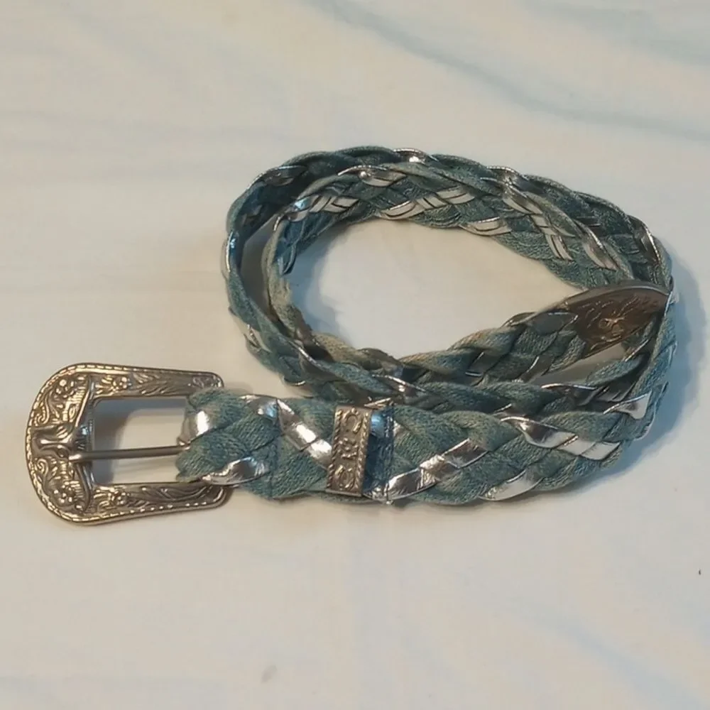 Girls Vintage Silver and Denium Braided Belt with Tin Buckle